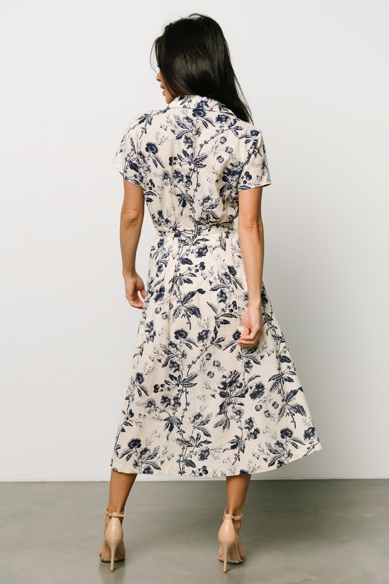 Lorna Midi Dress | Beige + Navy Print - Baltic Born