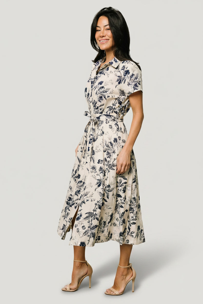 Lorna Midi Dress | Beige + Navy Print Lorna Midi Dress | Beige + Navy Print