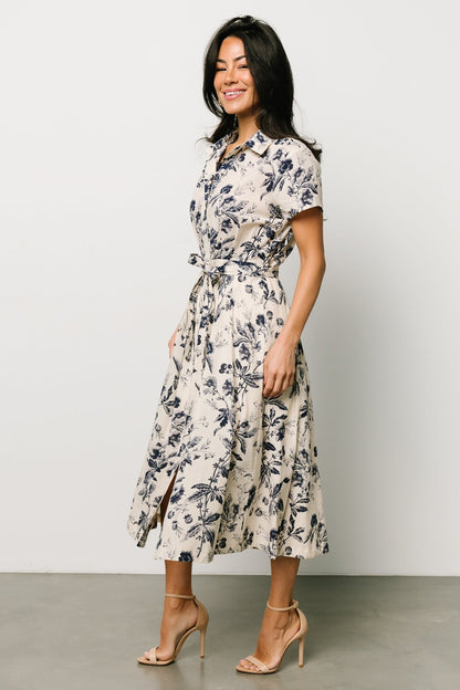 Lorna Midi Dress | Beige + Navy Print - Baltic Born