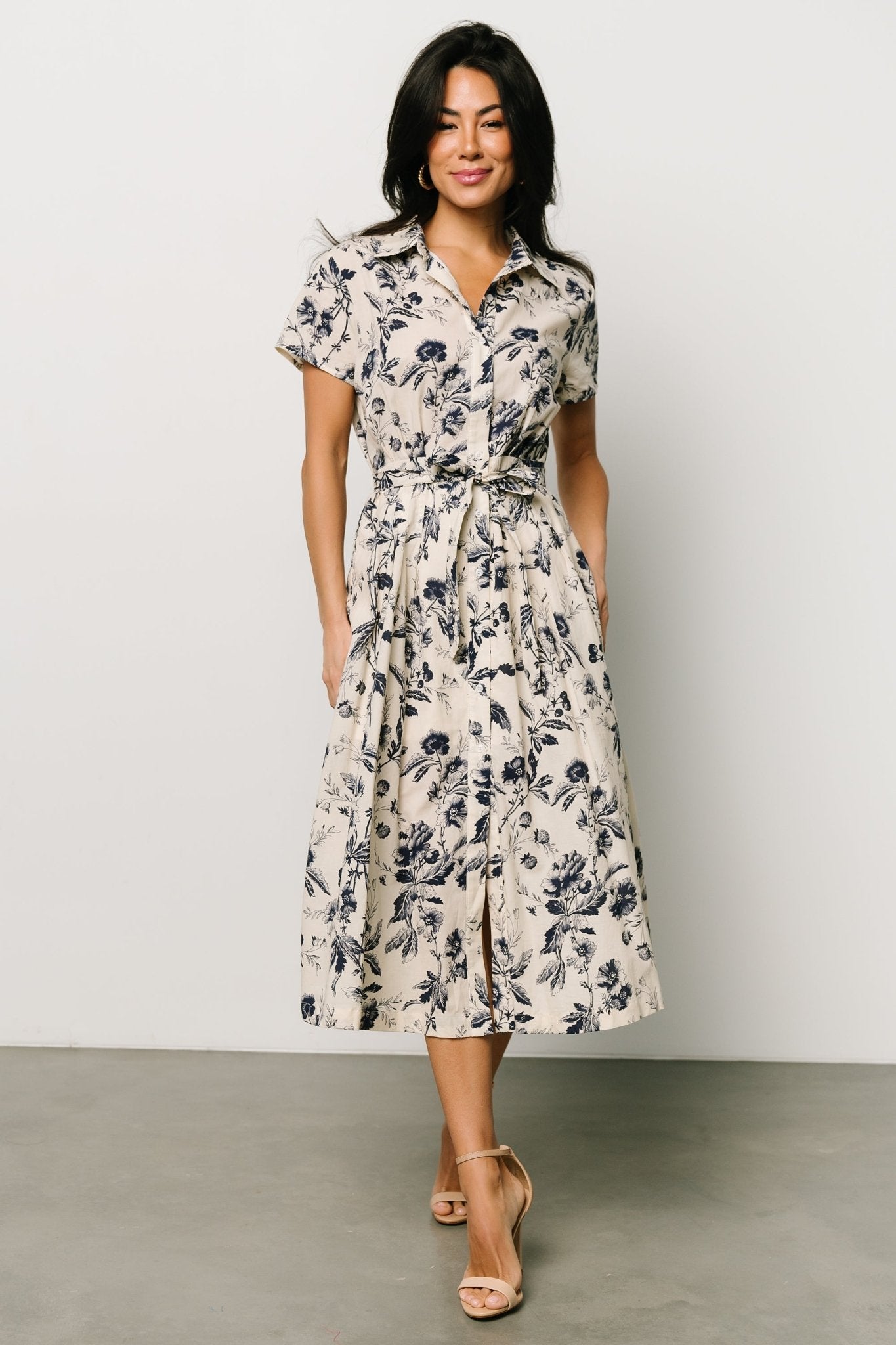 Lorna Midi Dress | Beige + Navy Print - Baltic Born