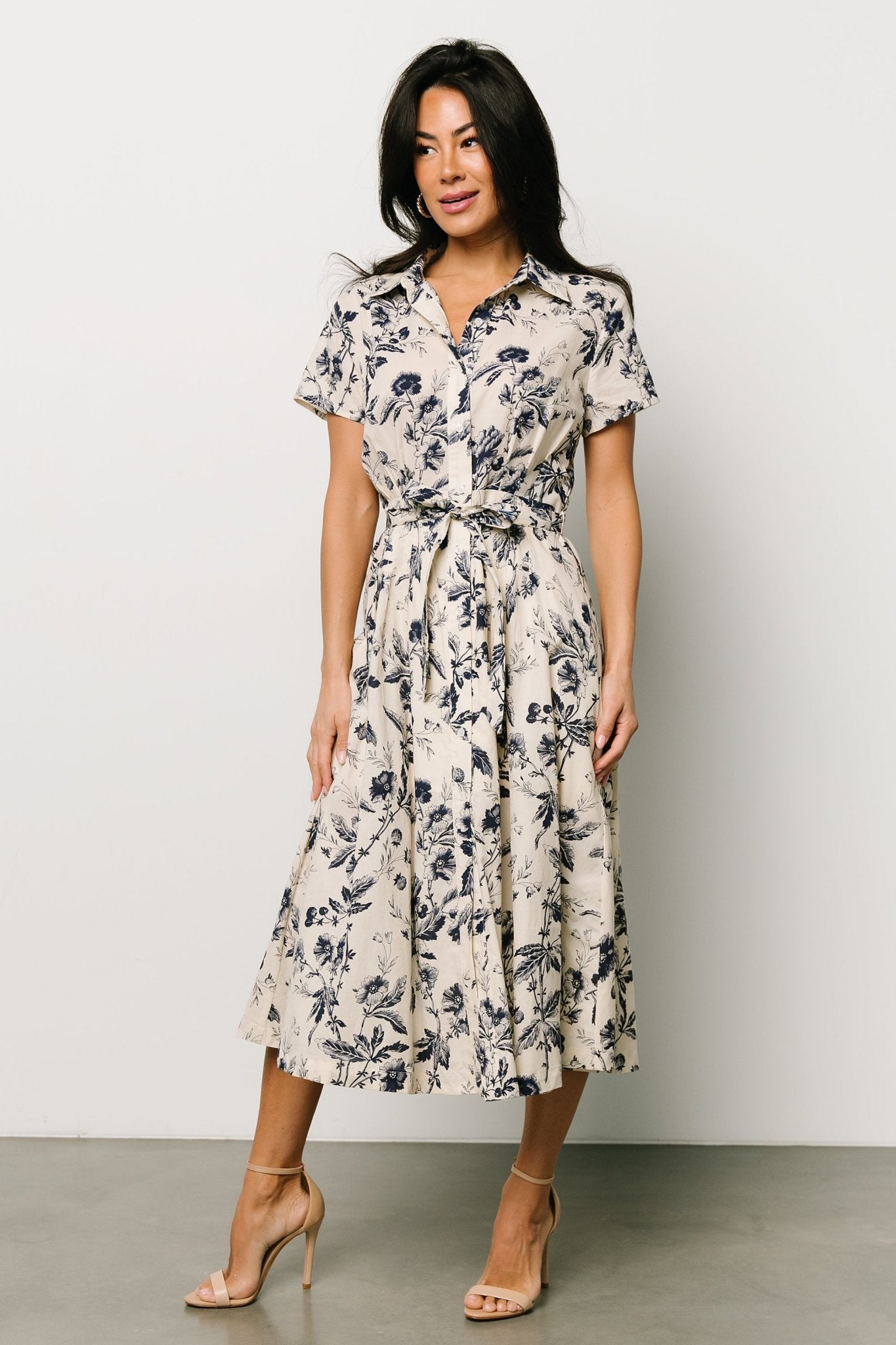 Lorna Midi Dress | Beige + Navy Print - Baltic Born