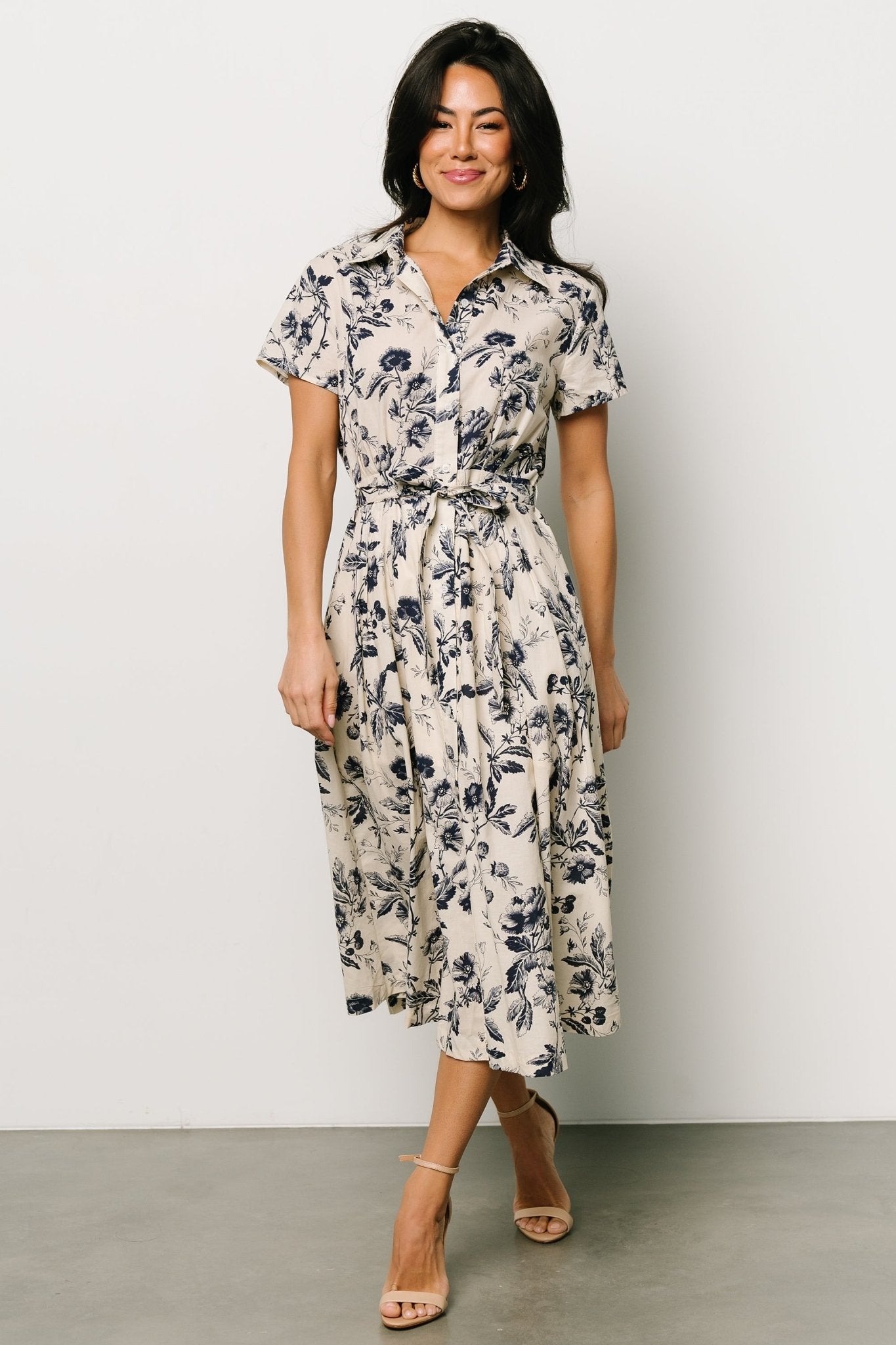 Lorna Midi Dress | Beige + Navy Print - Baltic Born