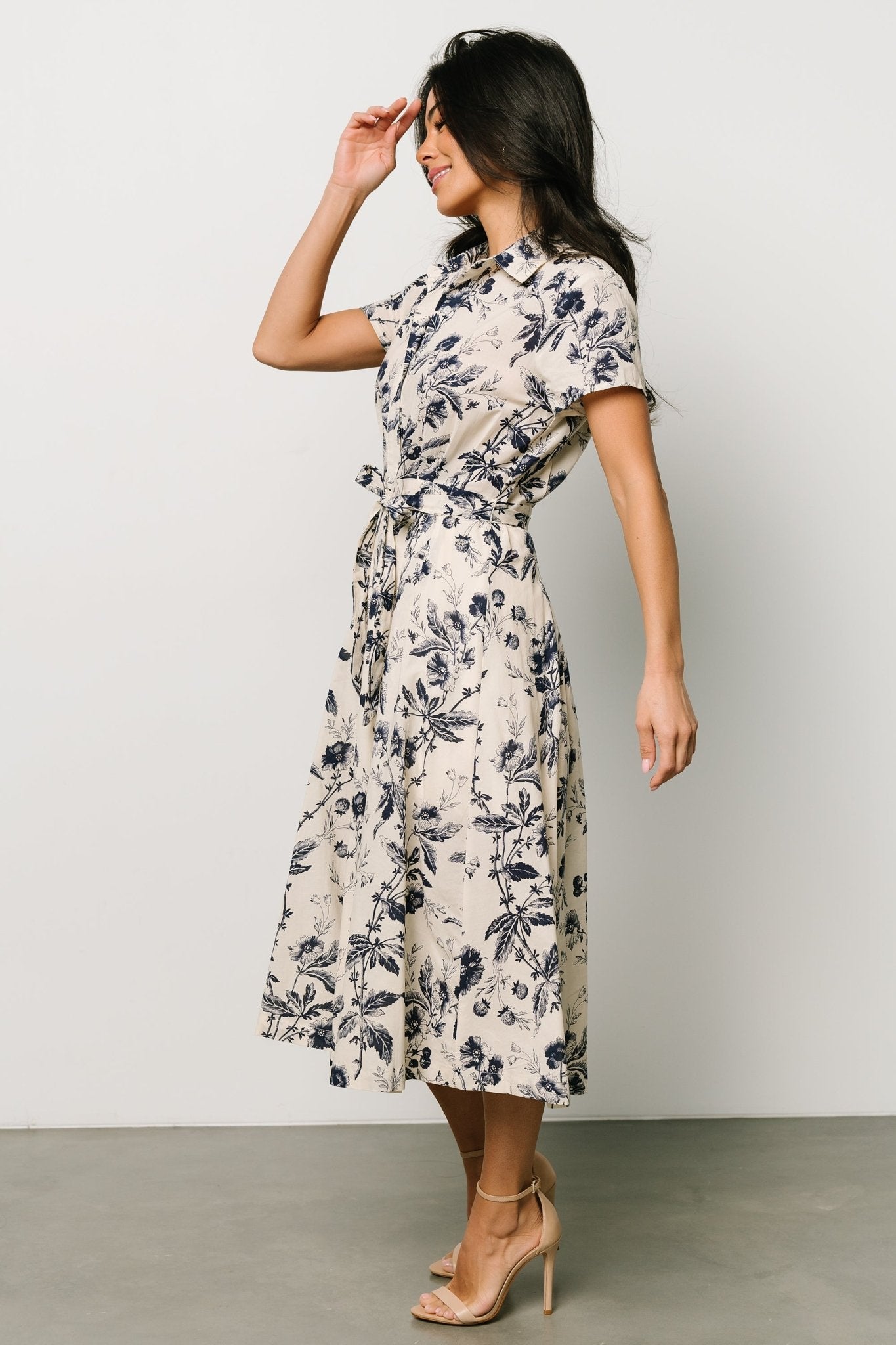 Lorna Midi Dress | Beige + Navy Print - Baltic Born