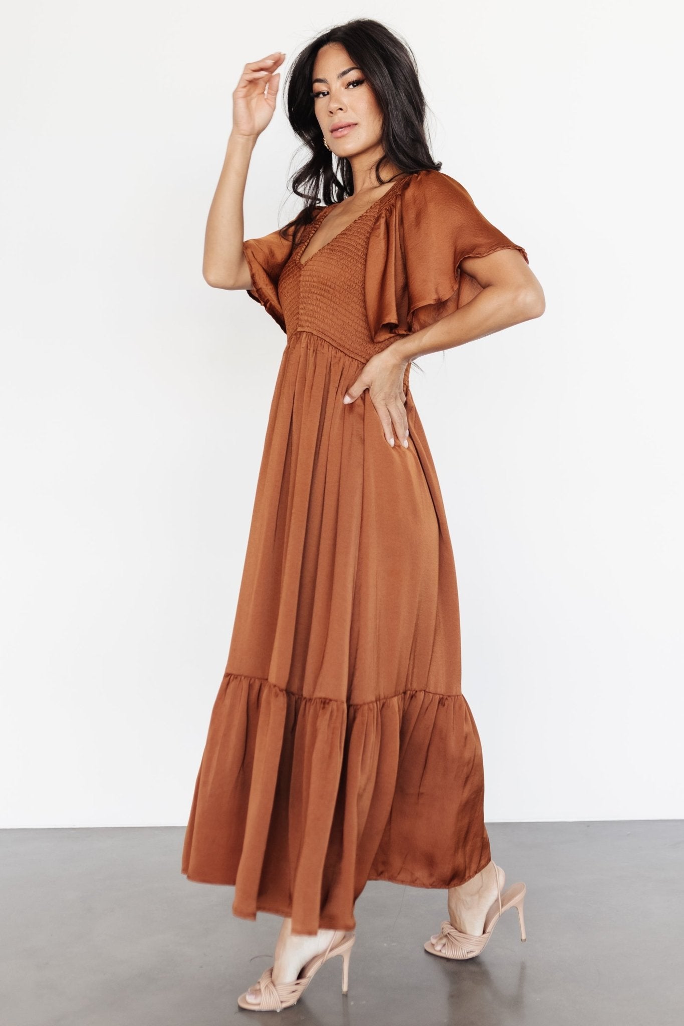 Baltic Born Womens Lovell Smocked Midi Dress | Dark Copper | Size: Small Baltic Born Womens Lovell Smocked Midi Dress | Dark Copper | Size: Small