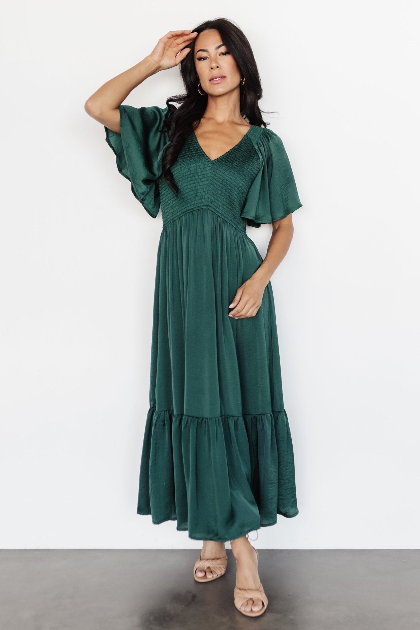 Baltic Born Womens Lovell Smocked Midi Dress | Emerald