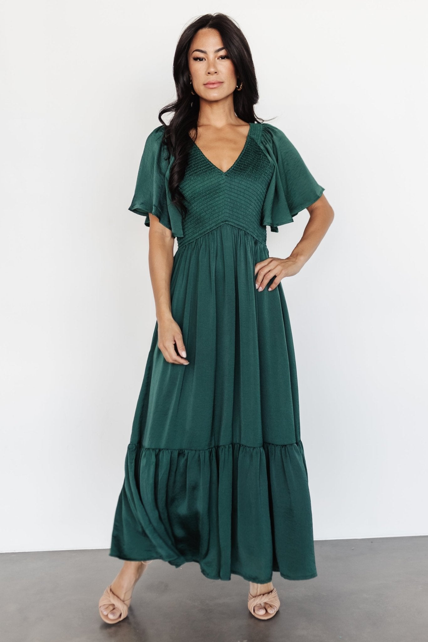 Women Black Dobby Back Smocking Midi Dress