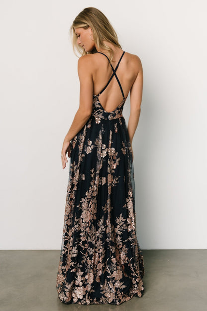 Lucienne Shimmer Maxi Gown | Navy + Rose Gold - Baltic Born