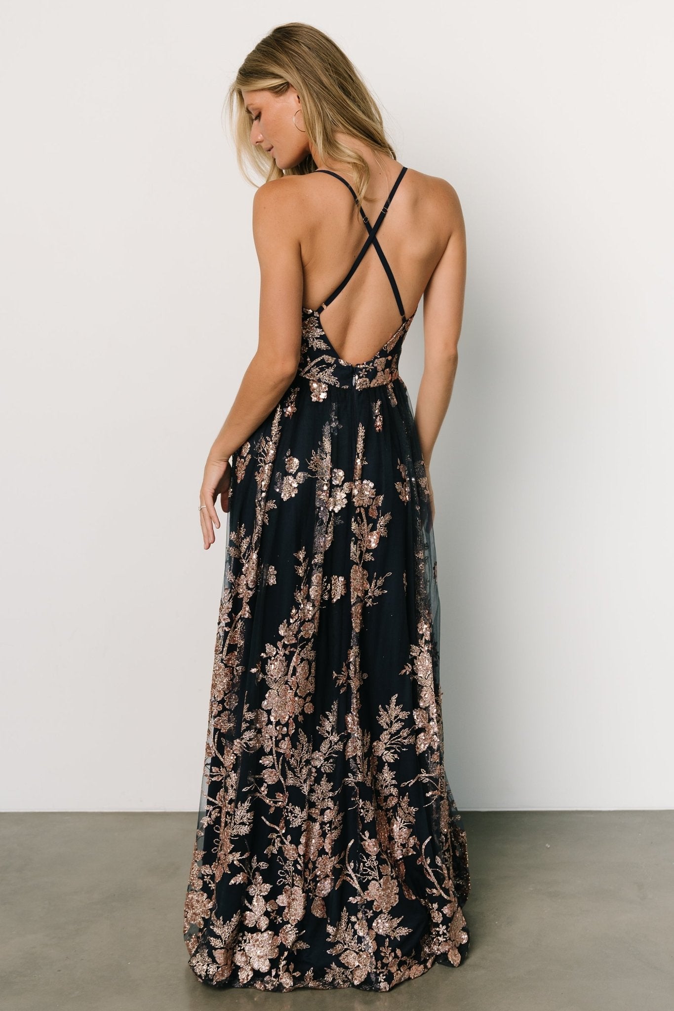 Navy rose gold dress fashion