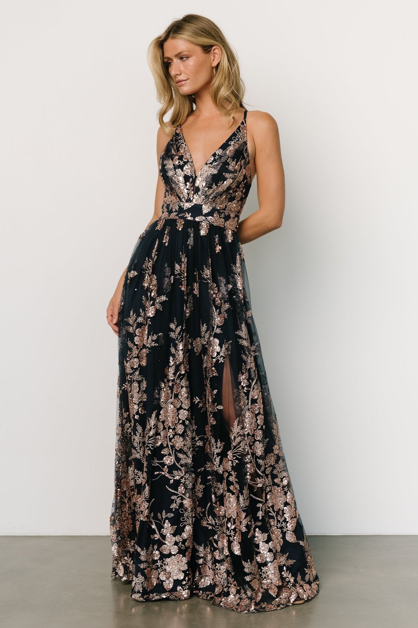 Lucienne Shimmer Maxi Gown | Navy + Rose Gold - Baltic Born