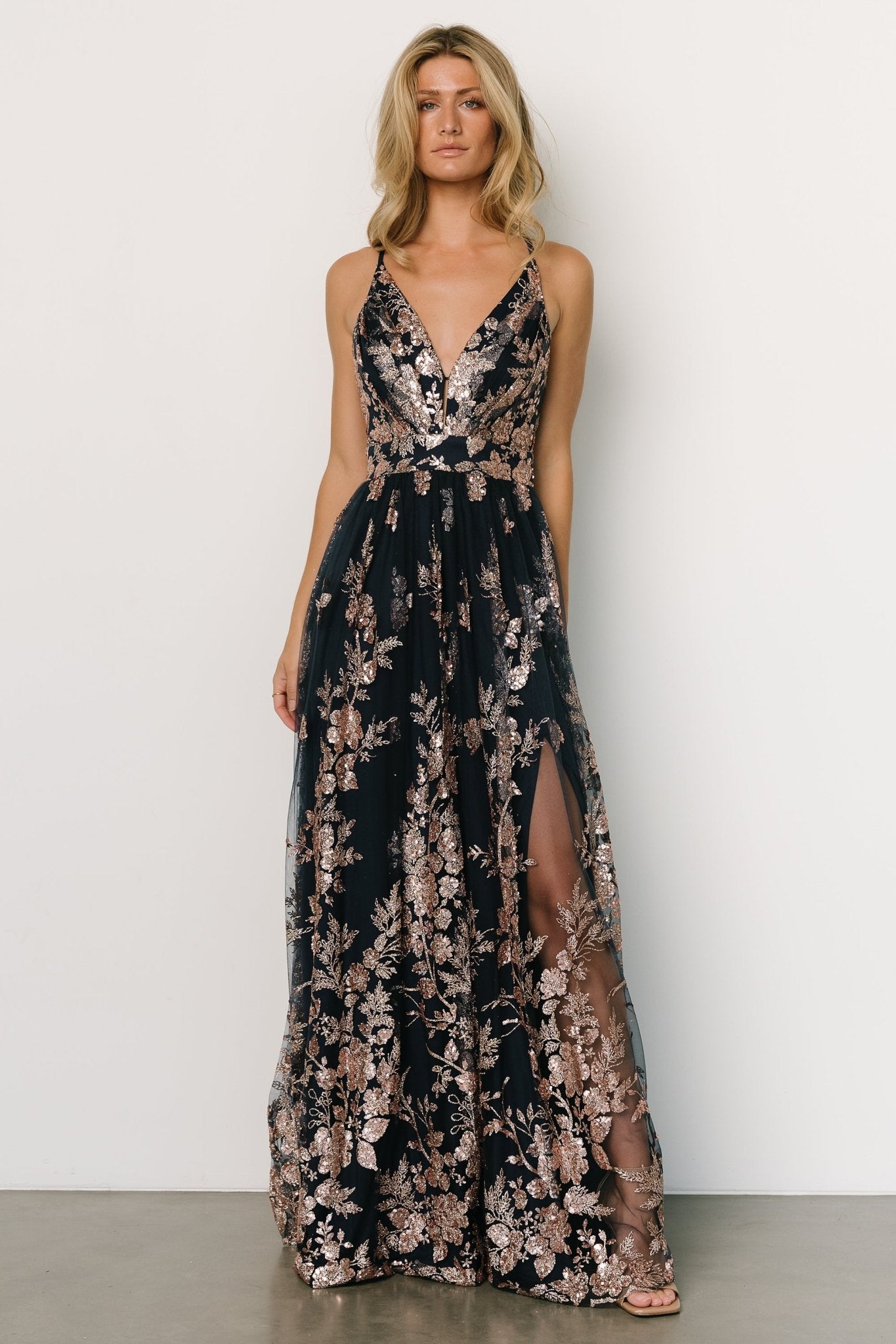 Lucienne Shimmer Maxi Gown | Navy + Rose Gold - Baltic Born