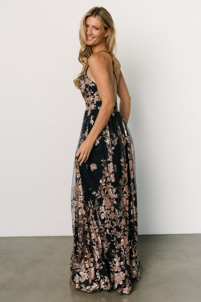 Lucienne Shimmer Maxi Gown | Navy + Rose Gold - Baltic Born