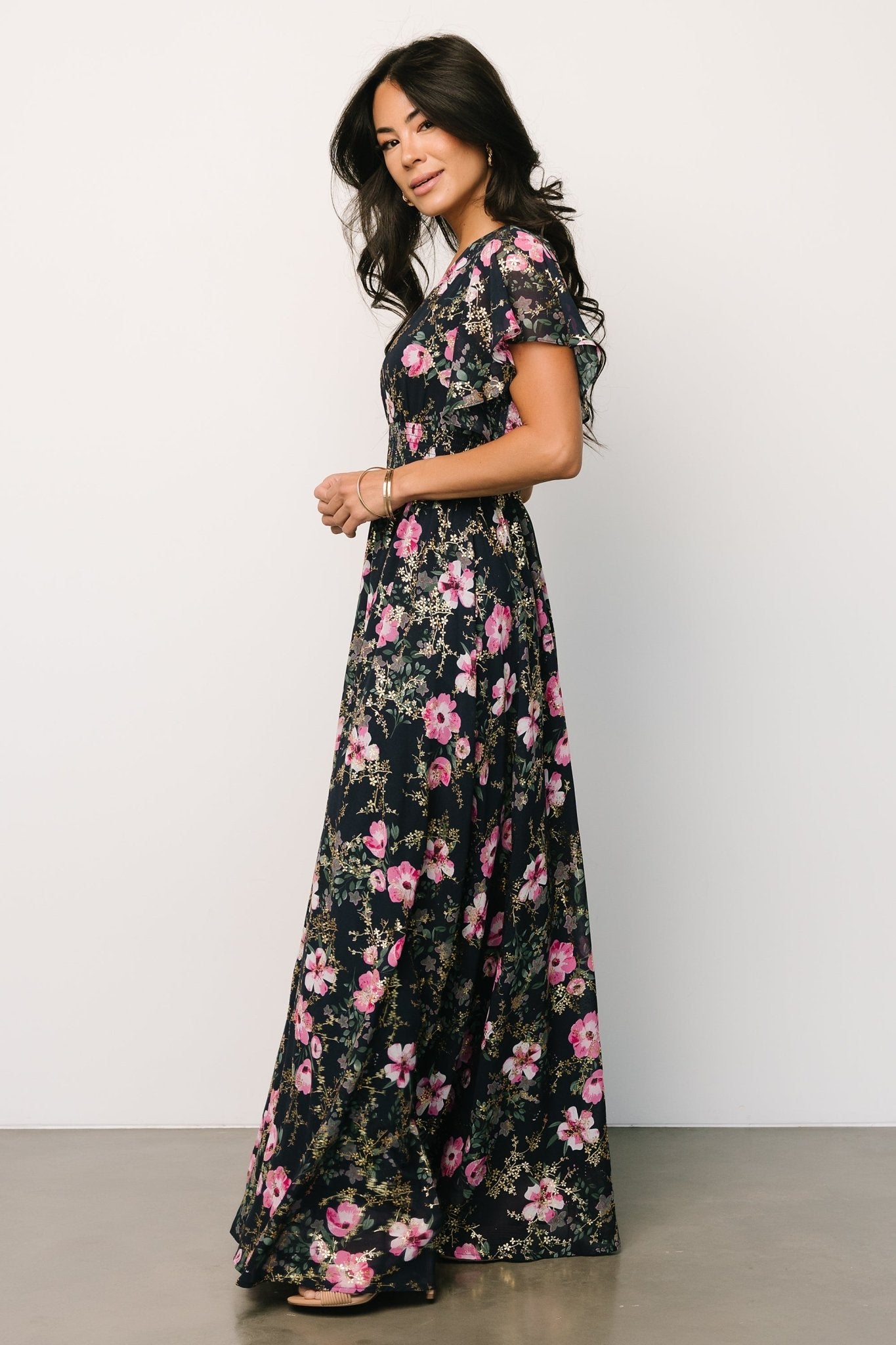 Lynlee Metallic Maxi Dress | Dark Blue + Pink - Baltic Born