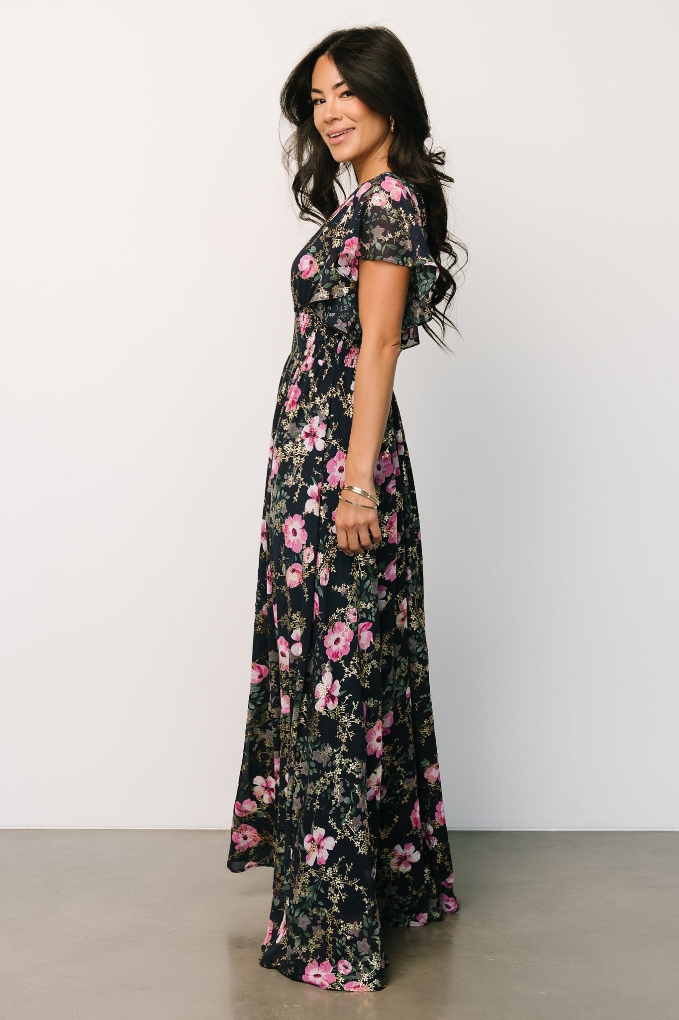 Lynlee Metallic Maxi Dress | Dark Blue + Pink - Baltic Born