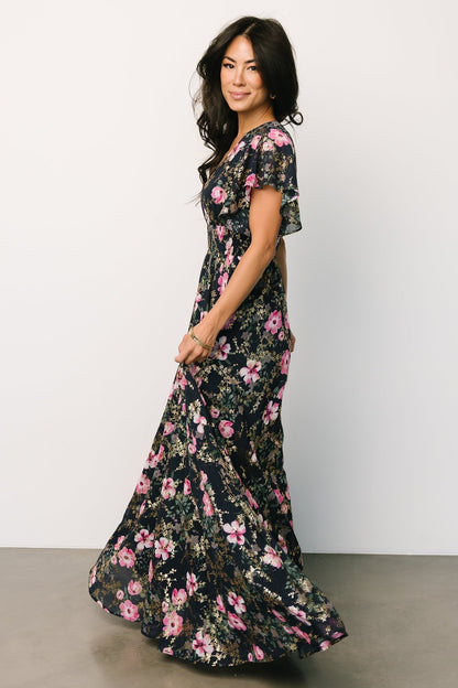 Lynlee Metallic Maxi Dress | Dark Blue + Pink - Baltic Born