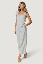Close-up of the elastic back waist and subtle gathers that create shape while keeping comfort in the Madison jumpsuit.