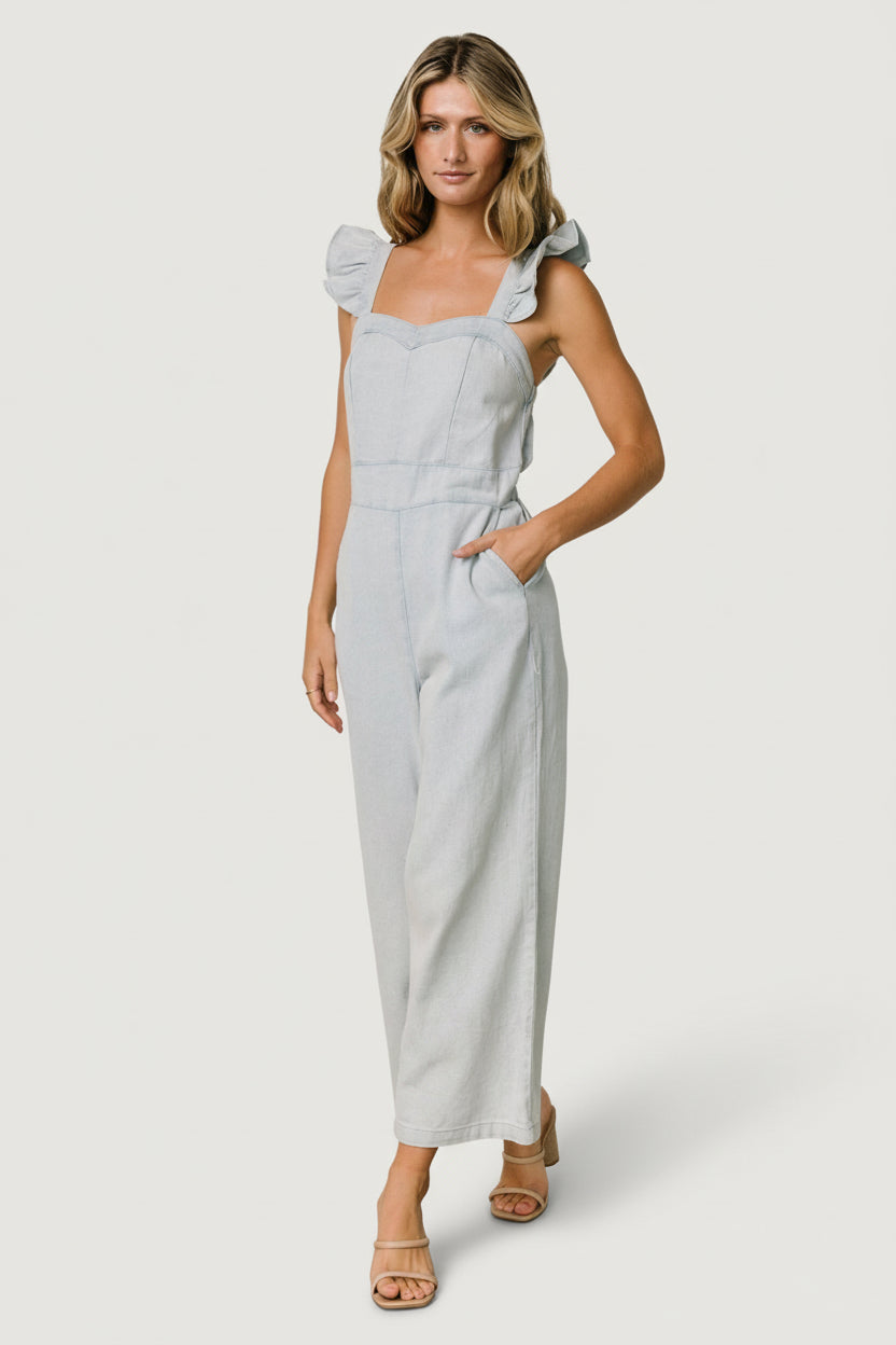 Close-up of the elastic back waist and subtle gathers that create shape while keeping comfort in the Madison jumpsuit.