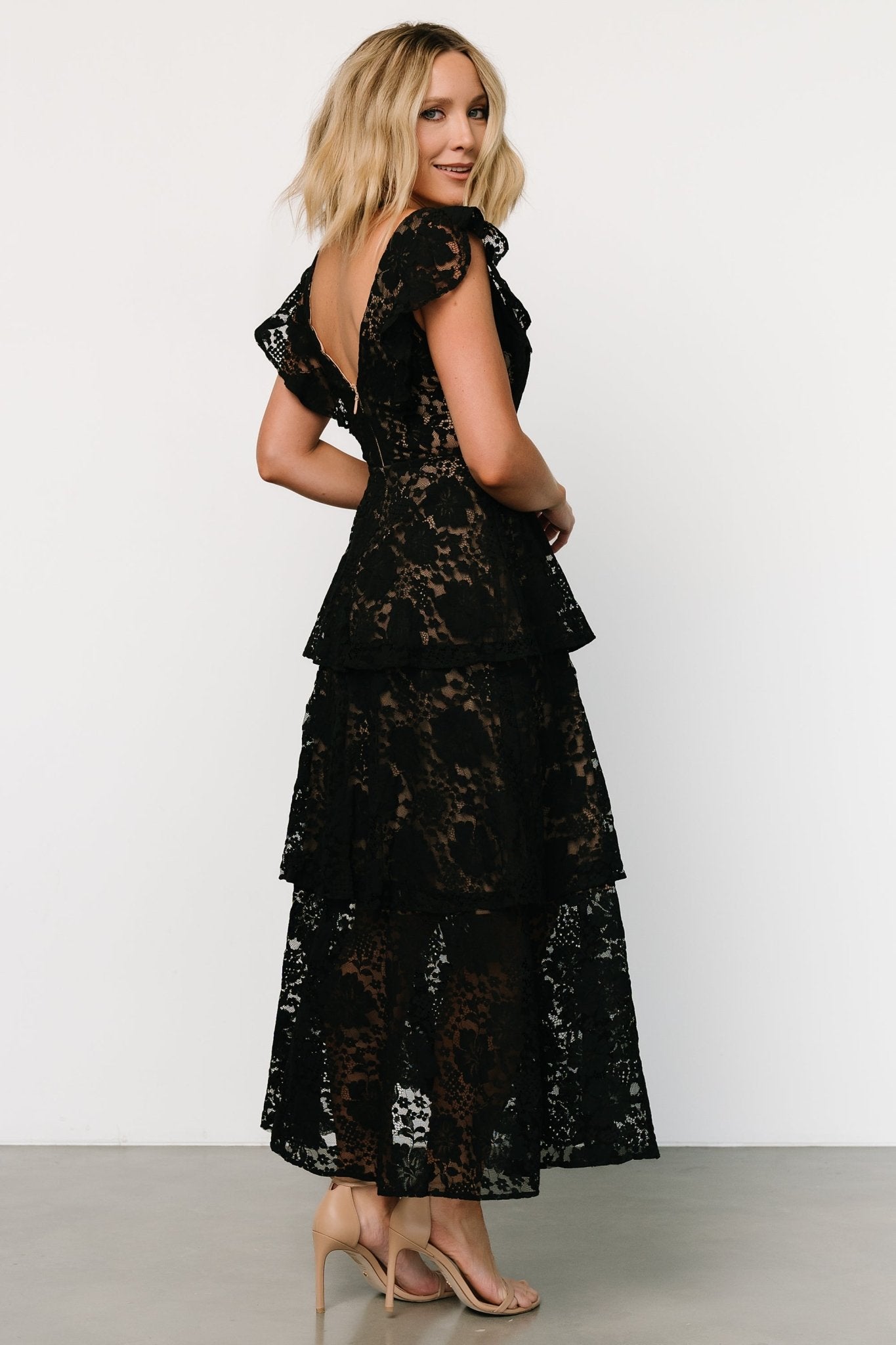 Margot Lace Tiered Maxi Dress | Black + Nude - Baltic Born