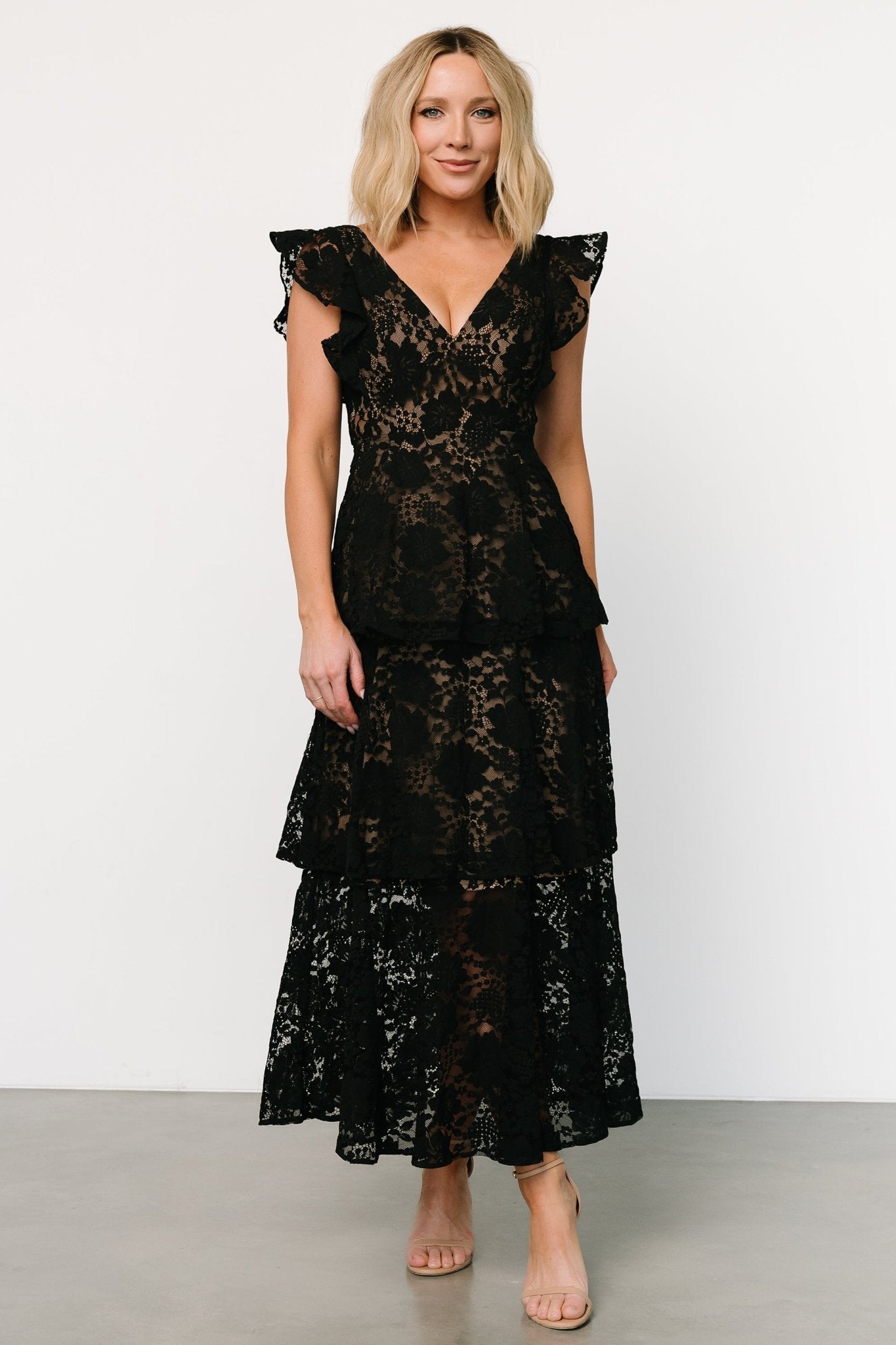 Margot Lace Tiered Maxi Dress | Black + Nude - Baltic Born