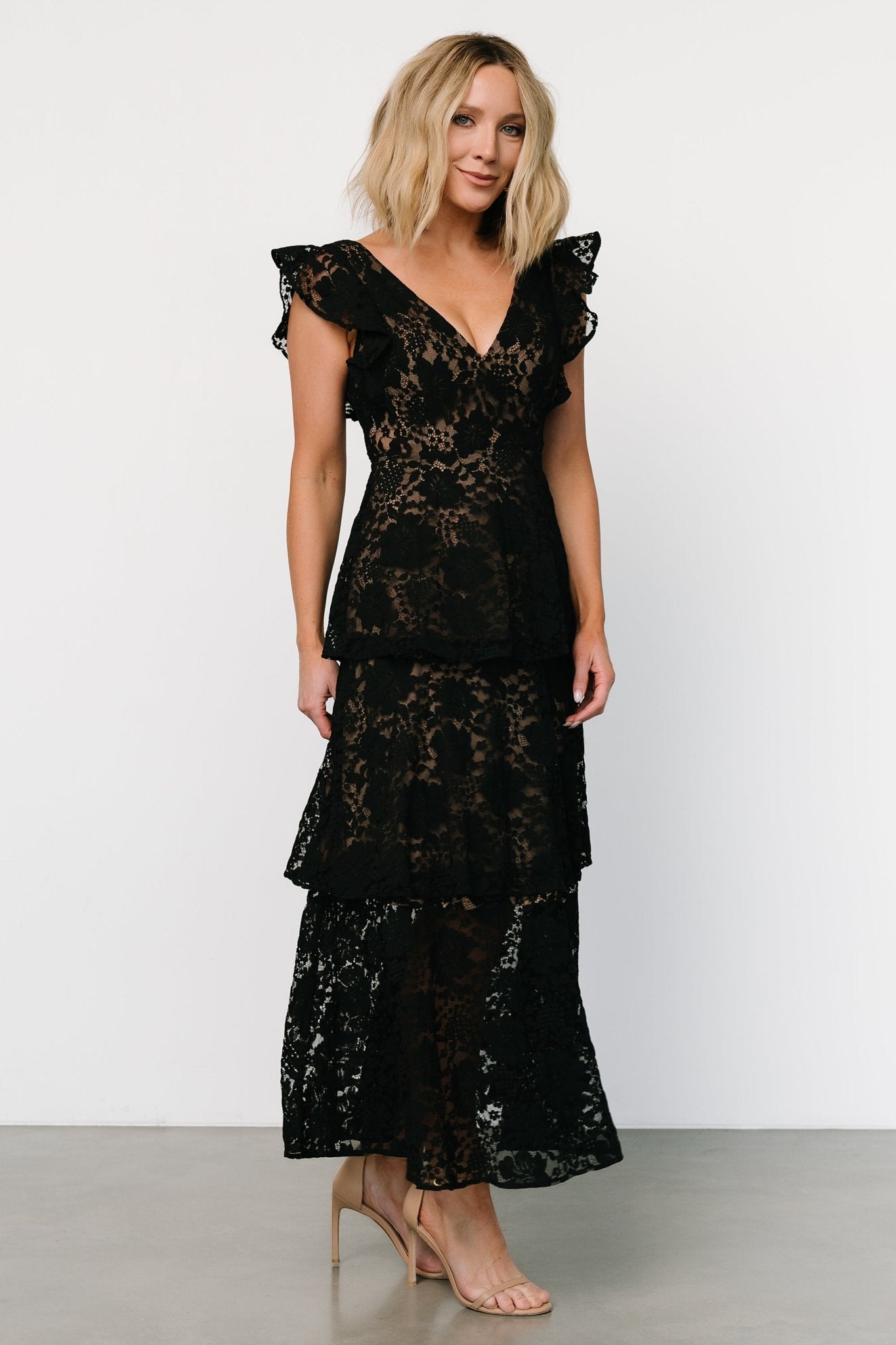 Margot Lace Tiered Maxi Dress | Black + Nude - Baltic Born