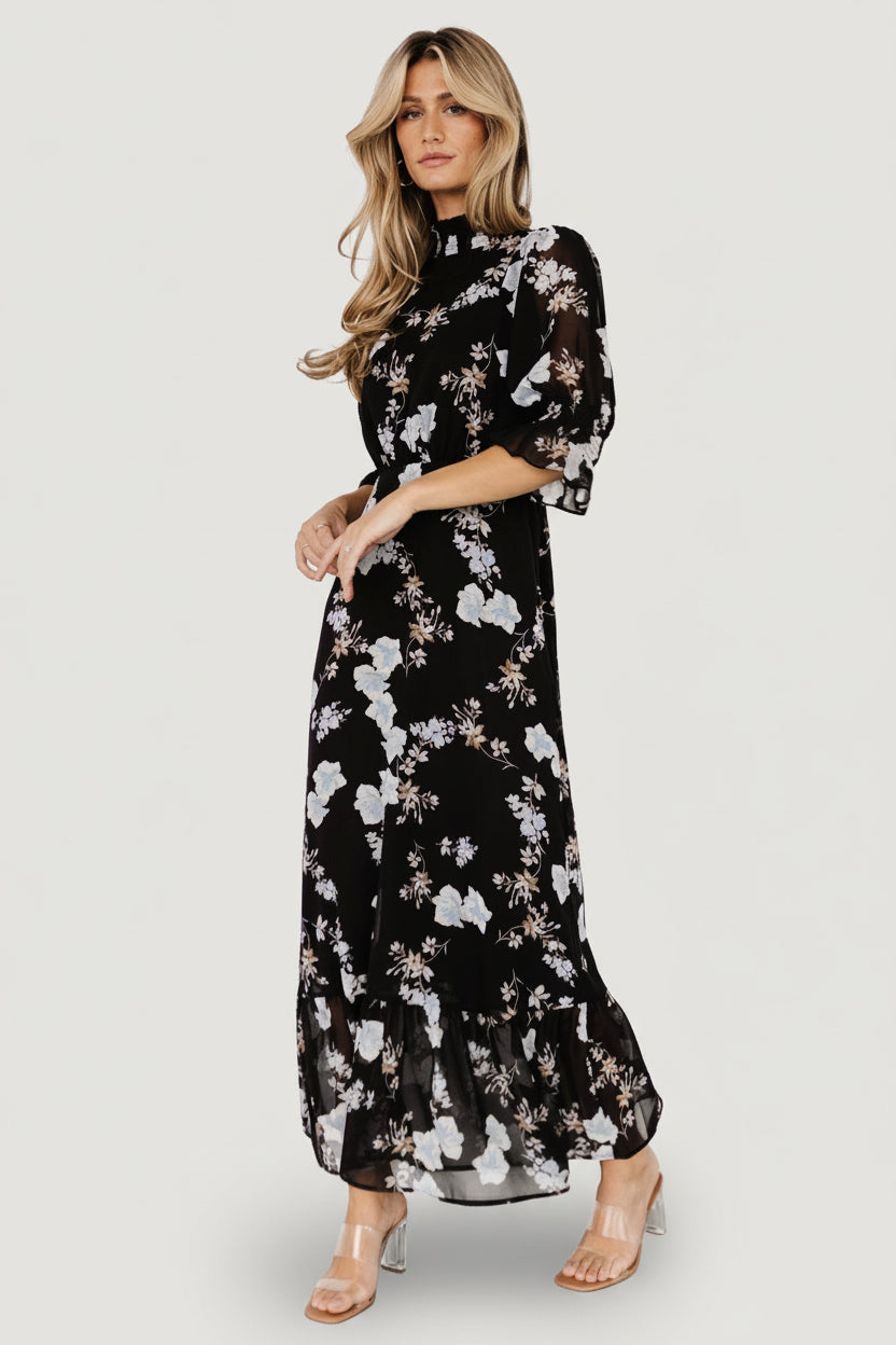 Baltic Born Womens Marie Mock Neck Maxi Dress | Black Floral