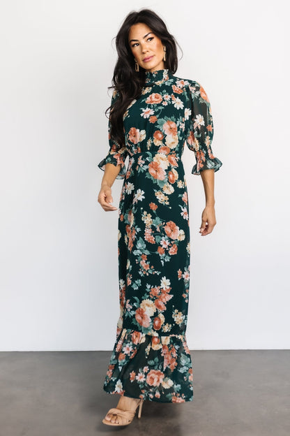 Marie Mock Neck Maxi Dress | Dark Green Floral - Baltic Born