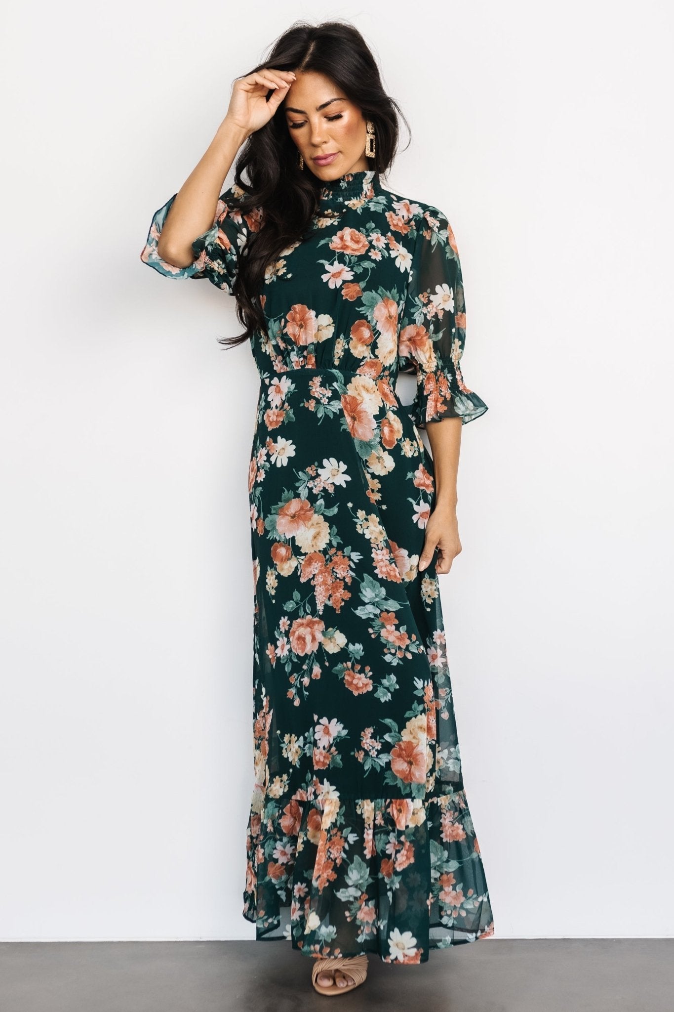 Marie Mock Neck Maxi Dress | Dark Green Floral - Baltic Born