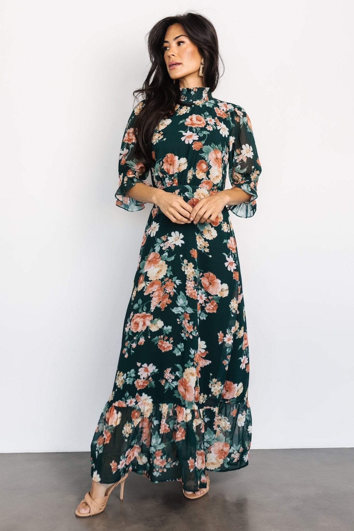 Marie Mock Neck Maxi Dress | Dark Green Floral - Baltic Born