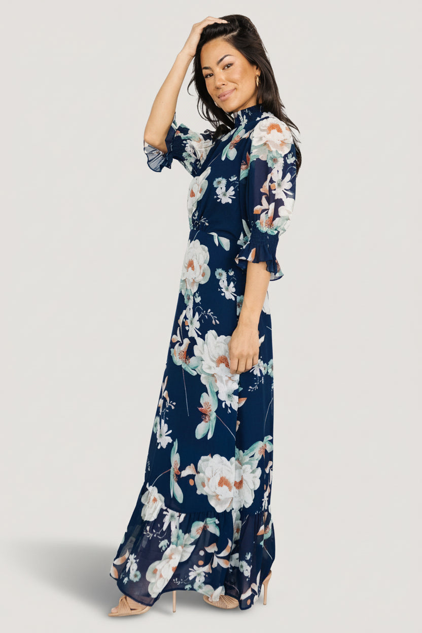 navy floral chiffon dress NicoBlu Angelina Maxi Crinkle Chiffon Dress in Navy Florals 8