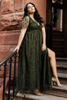 Styled flat or on-model shot of the olive Marseille Embossed Maxi Dress showing overall silhouette, waist tie, and delicate organza texture.