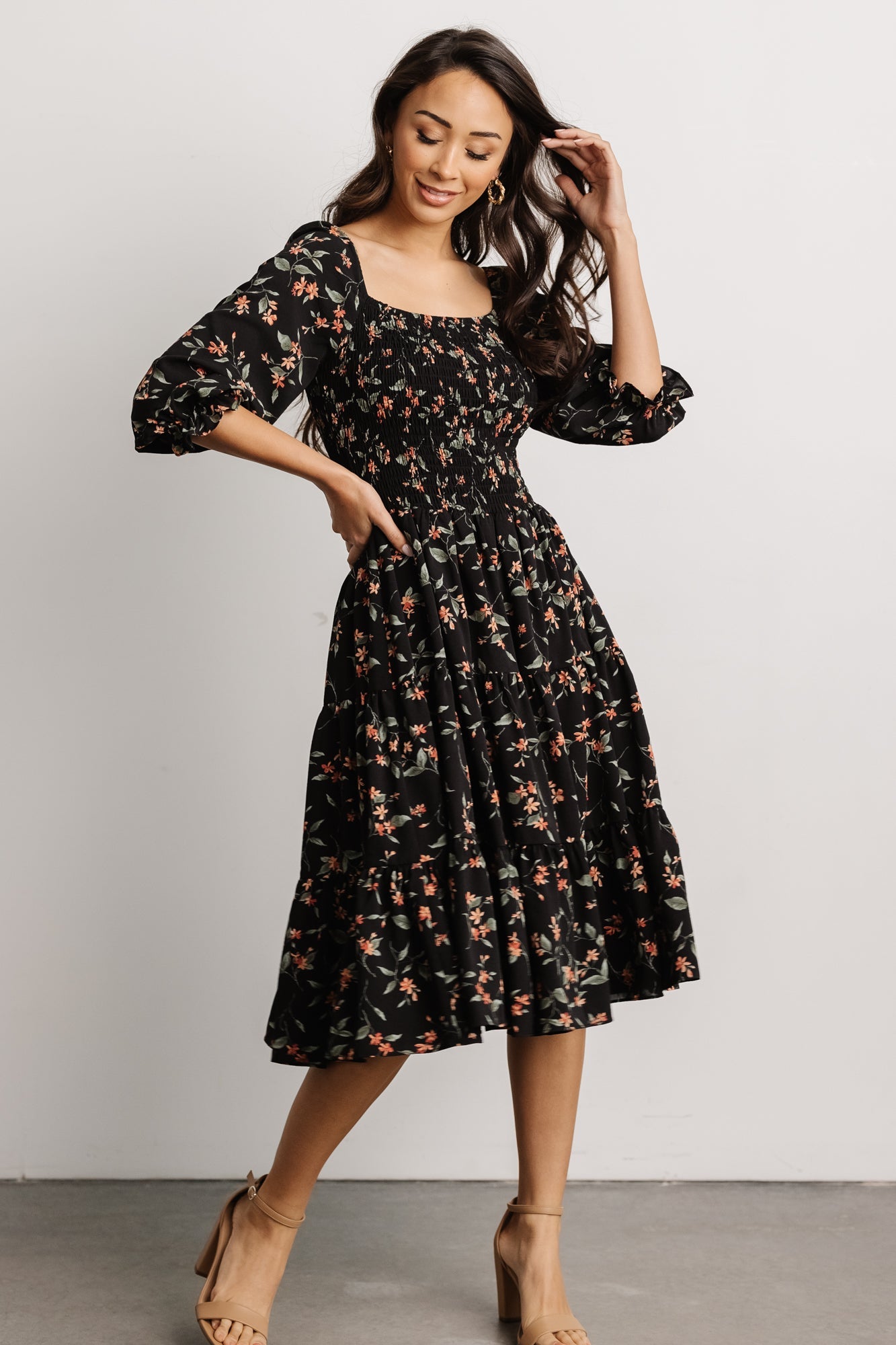 Marta Smocked Midi Dress | Black Floral - Baltic Born