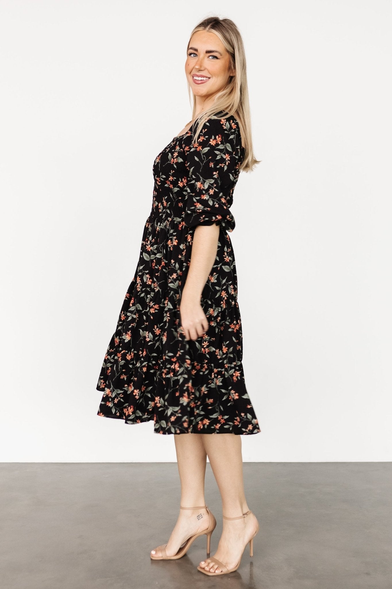 Marta Smocked Midi Dress | Black Floral - Baltic Born