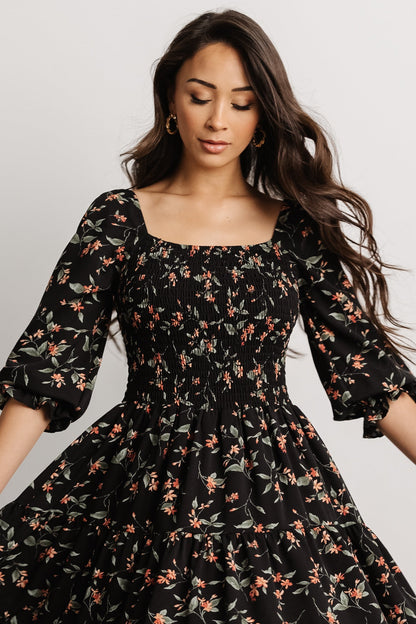 Marta Smocked Midi Dress | Black Floral - Baltic Born