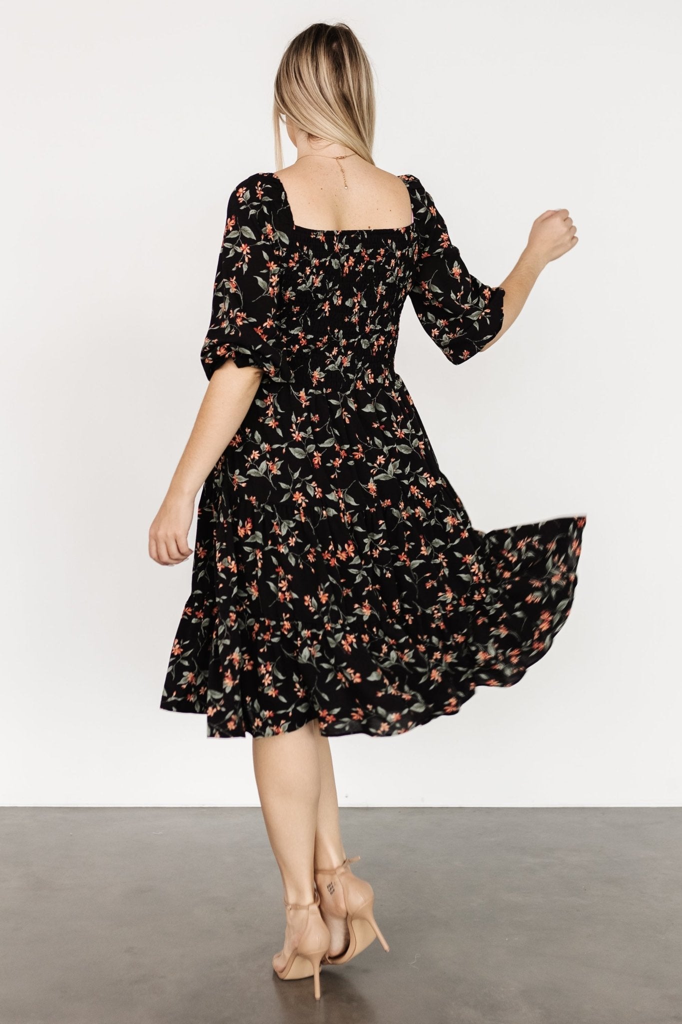 Marta Smocked Midi Dress | Black Floral - Baltic Born