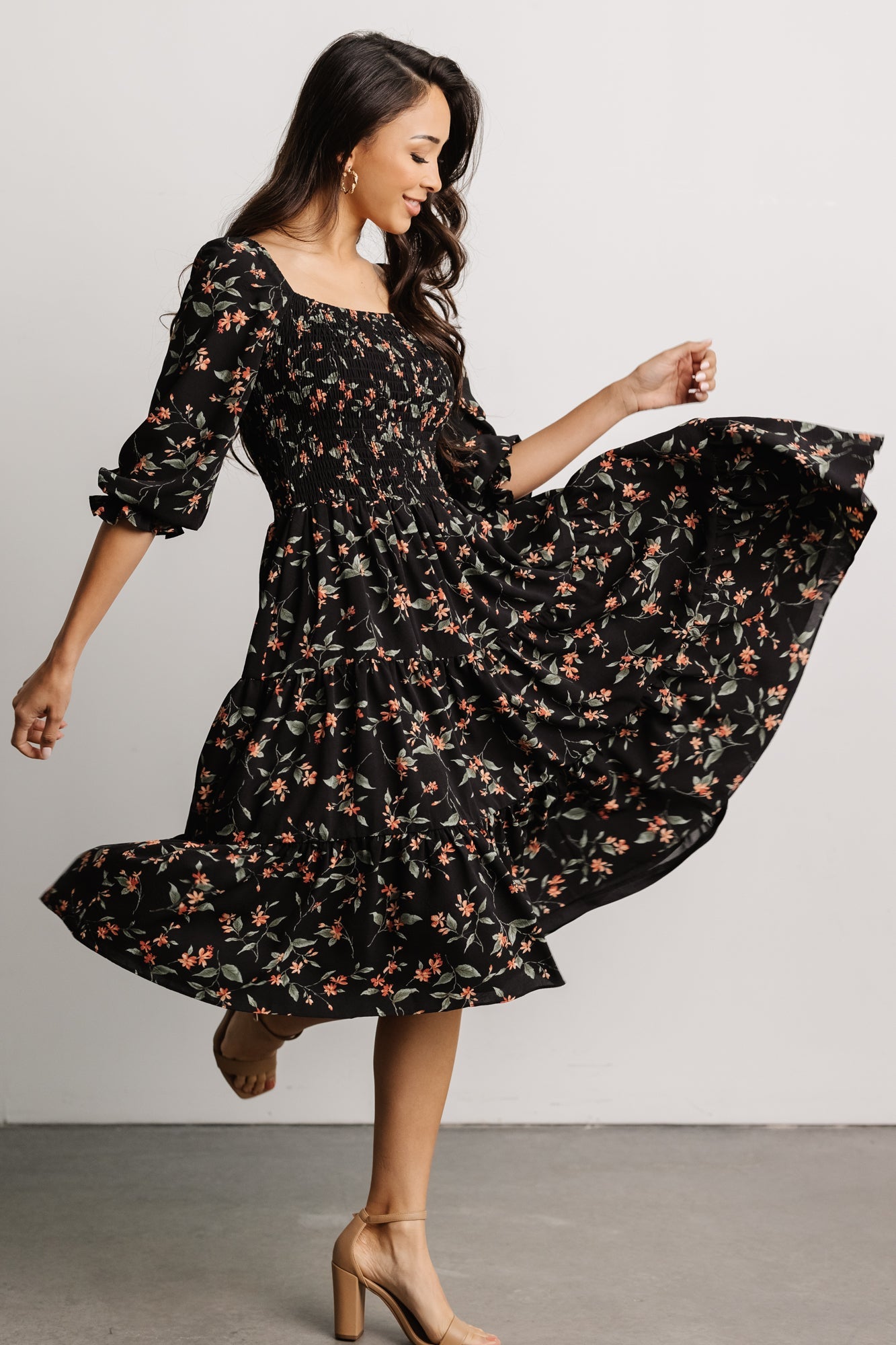 Marta Smocked Midi Dress | Black Floral - Baltic Born