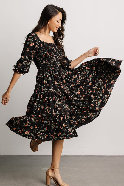 Marta Smocked Midi Dress | Black Floral - Baltic Born