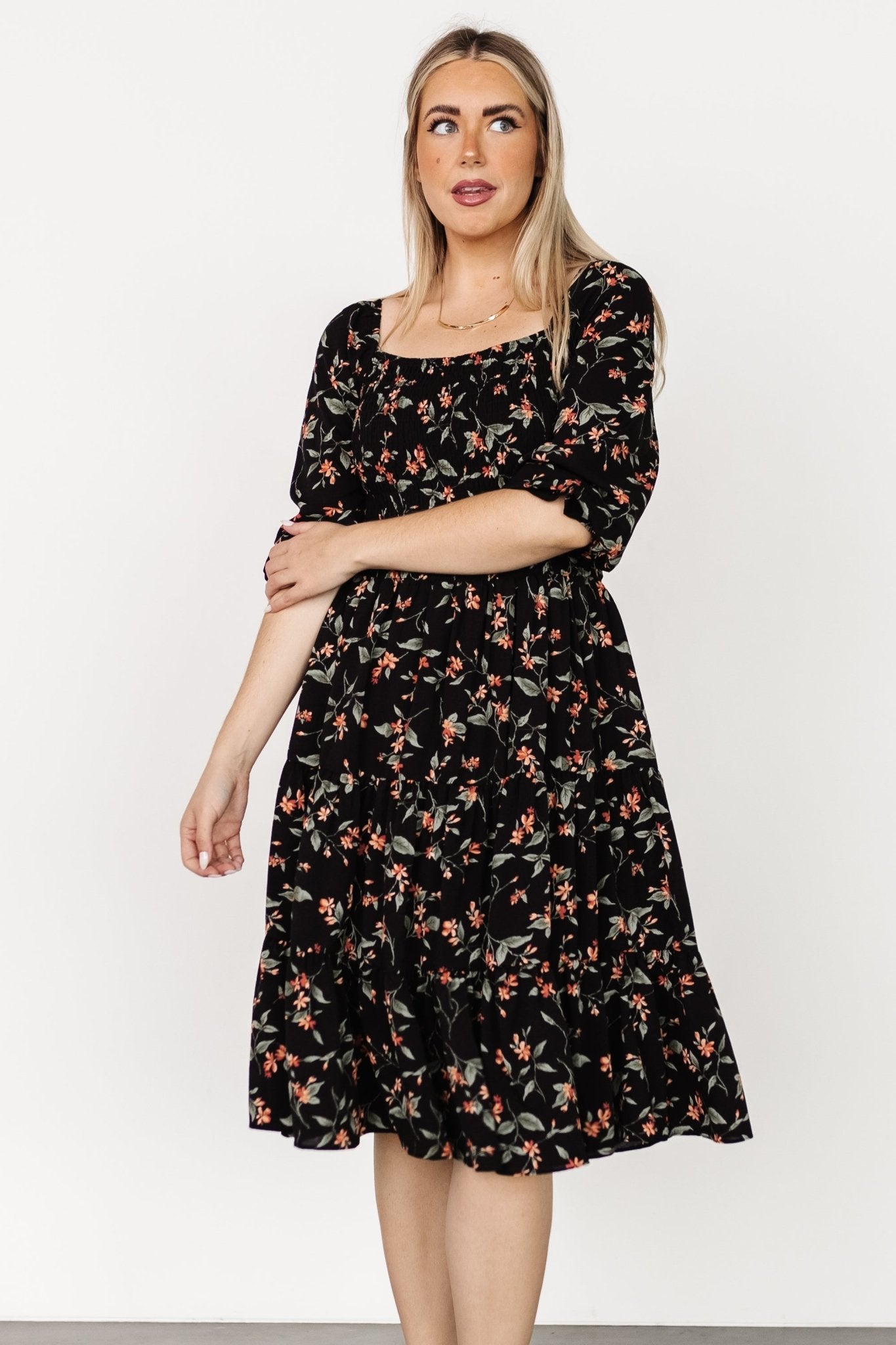 Marta Smocked Midi Dress | Black Floral - Baltic Born