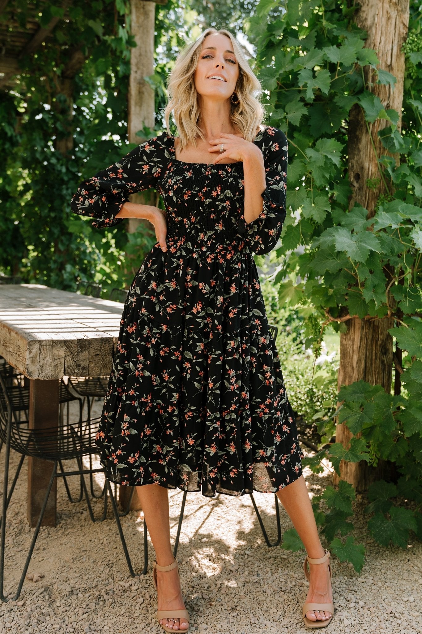 Marta Smocked Midi Dress | Black Floral - Baltic Born