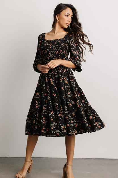 Marta Smocked Midi Dress | Black Floral - Baltic Born