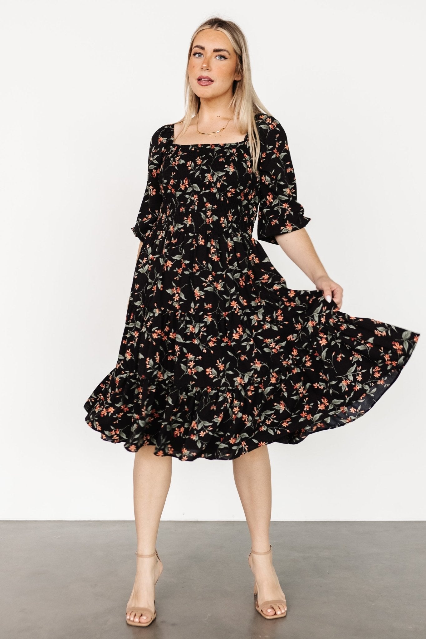 Marta Smocked Midi Dress | Black Floral - Baltic Born