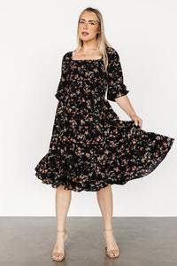 Marta Smocked Midi Dress | Black Floral | Baltic Born