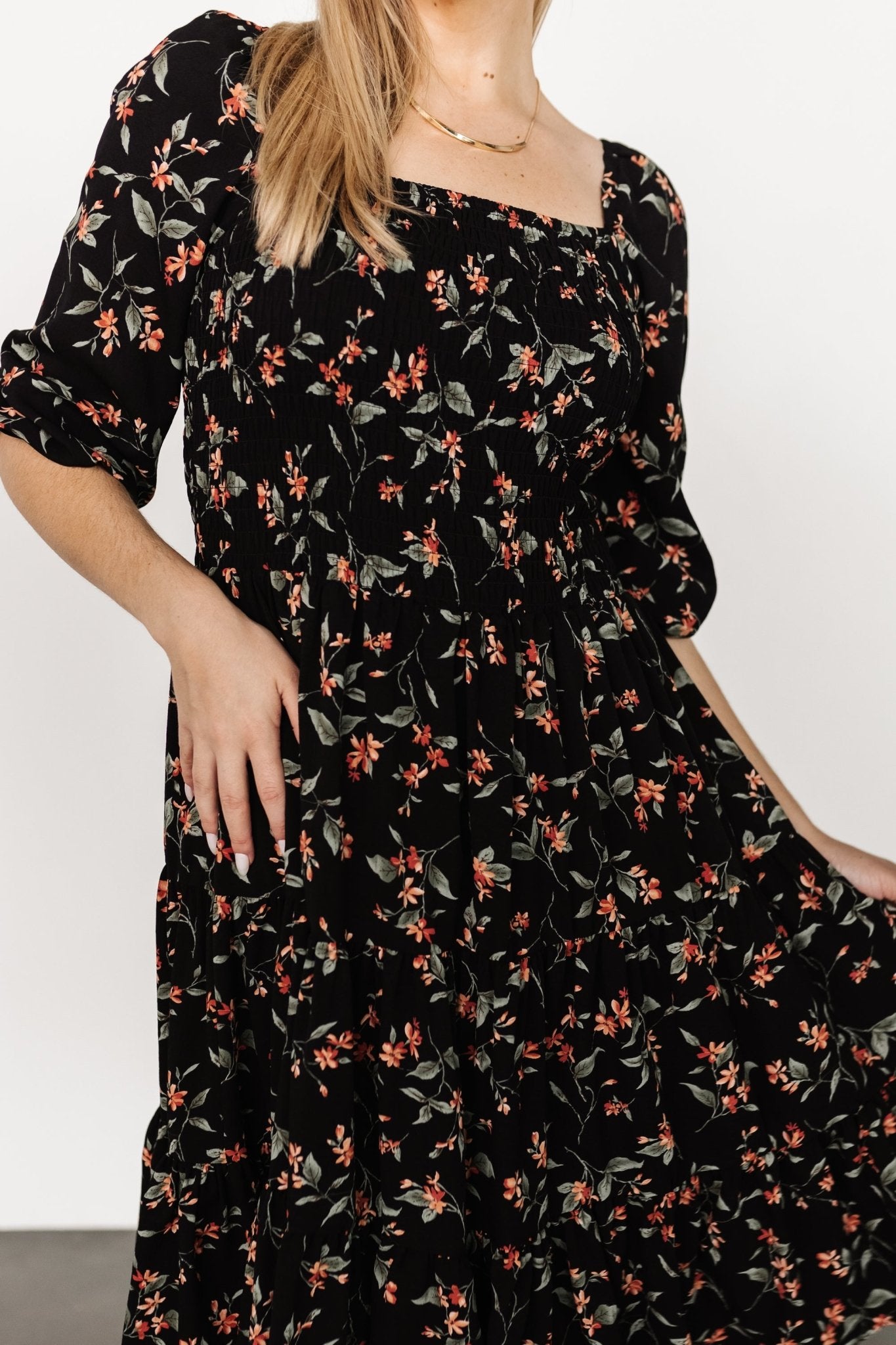 Marta Smocked Midi Dress | Black Floral - Baltic Born