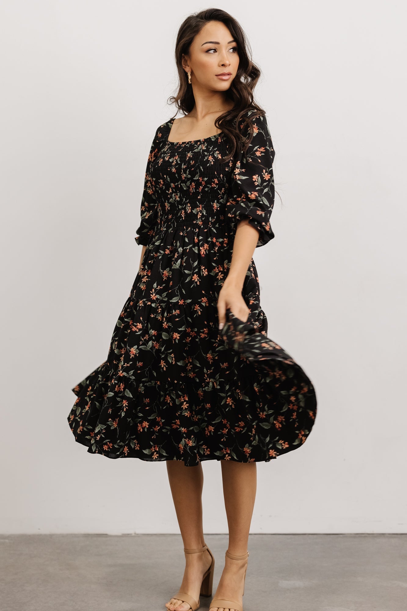 Marta Smocked Midi Dress | Black Floral - Baltic Born