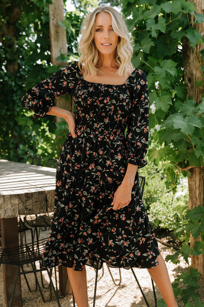 Marta Smocked Midi Dress | Black Floral - Baltic Born