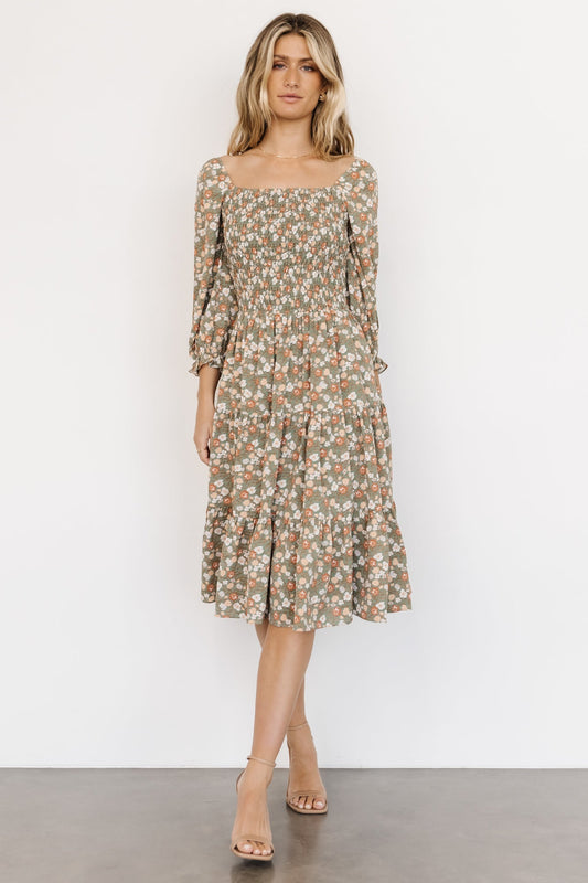 Marta Smocked Midi Dress | Dusty Olive Floral - Baltic Born