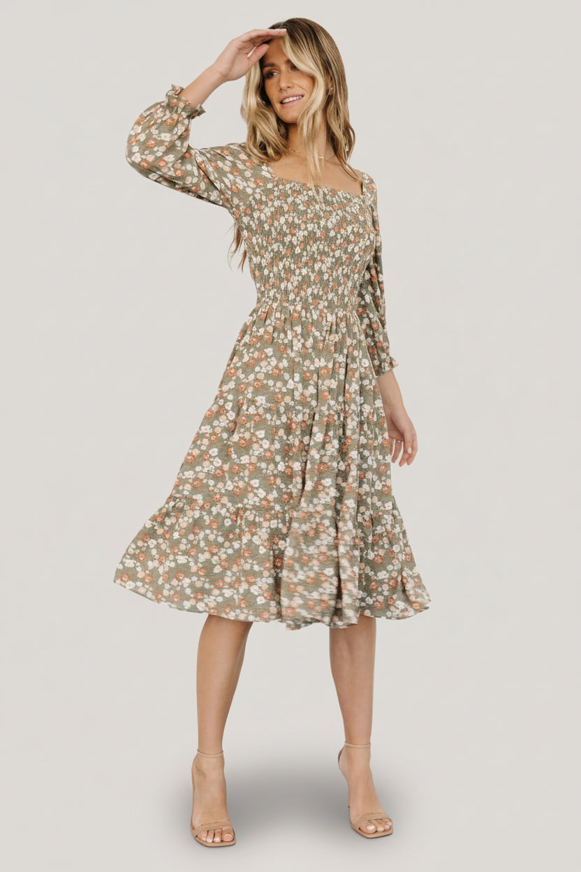 Marta Smocked Midi Dress | Dusty Olive Floral | Baltic Born