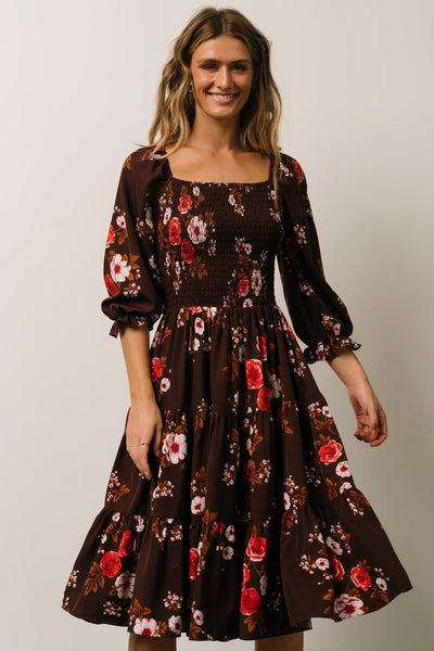 Marta Smocked Midi Dress | Mahogany Floral