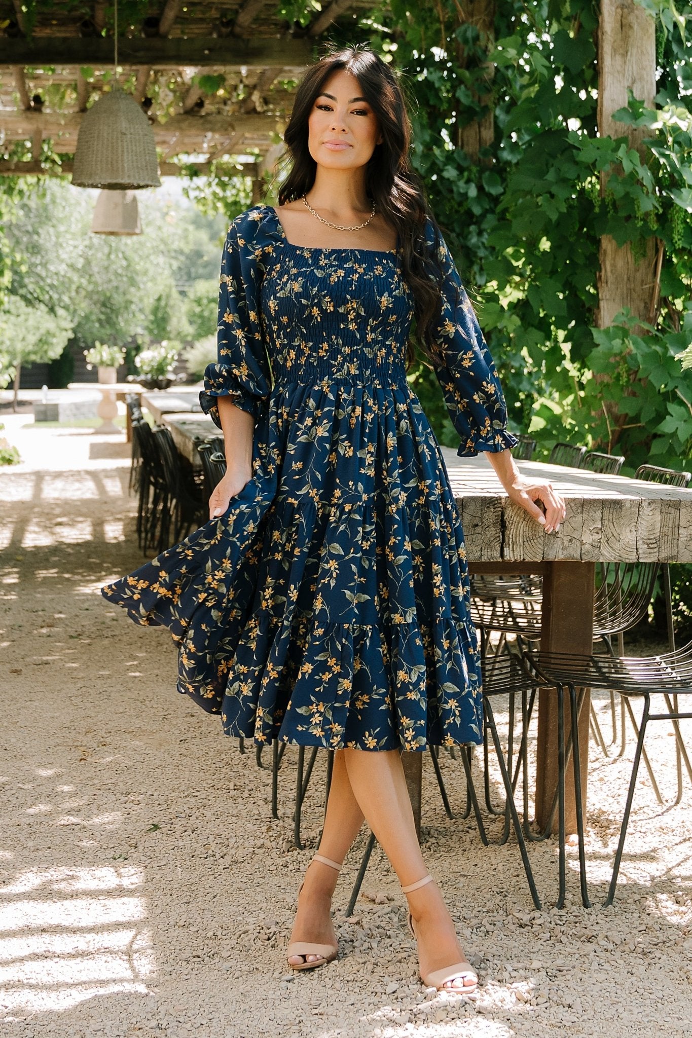 Marta Smocked Midi Dress | Dark Blue Vintage Floral | Baltic Born