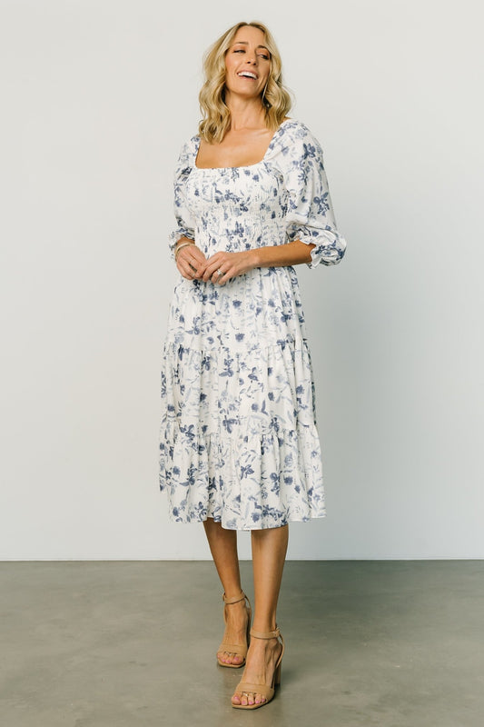 Marta Smocked Midi Dress | White + Blue - Baltic Born