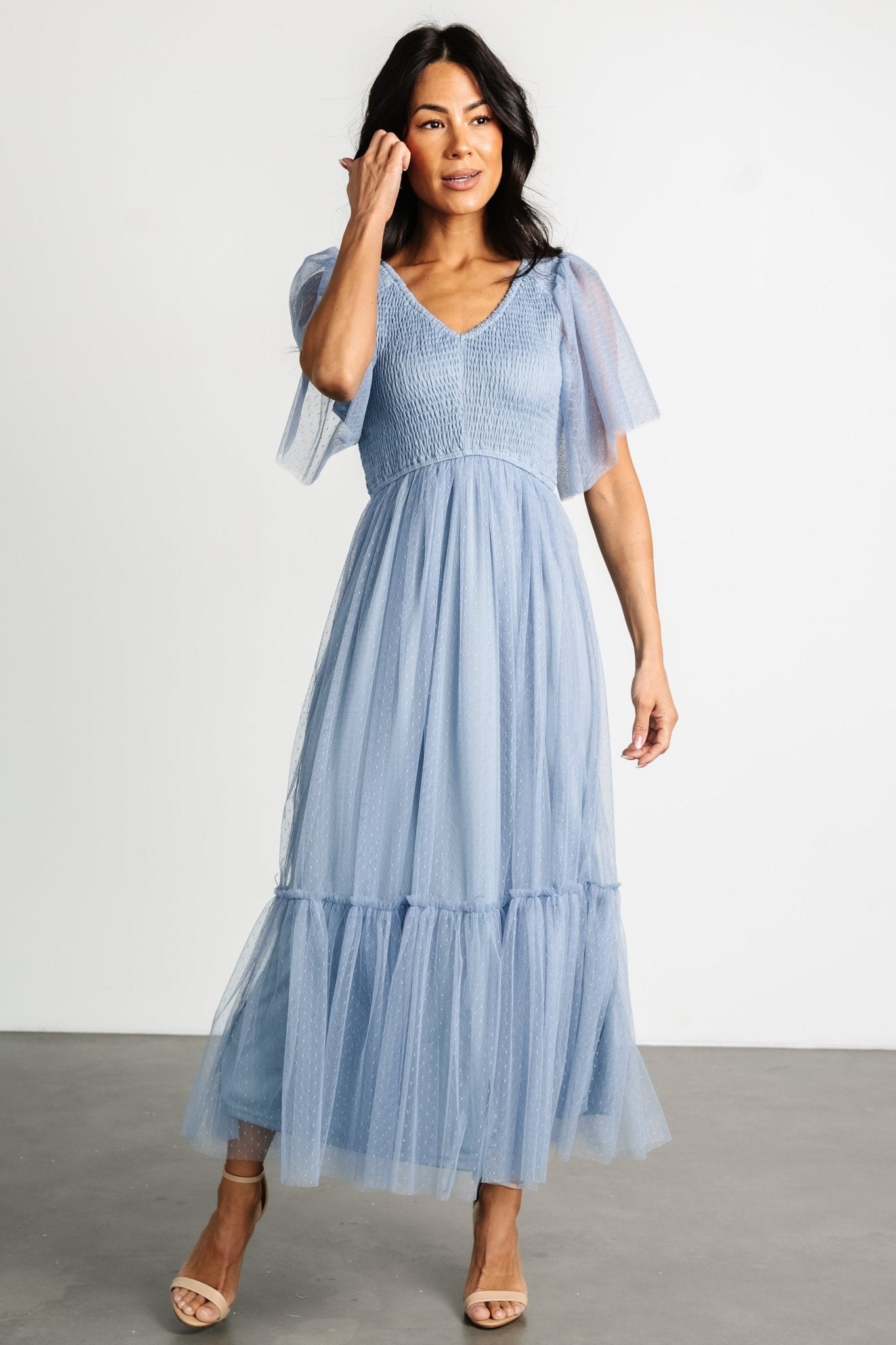 Martha Smocked Tulle Dress | Dusty Blue - Baltic Born