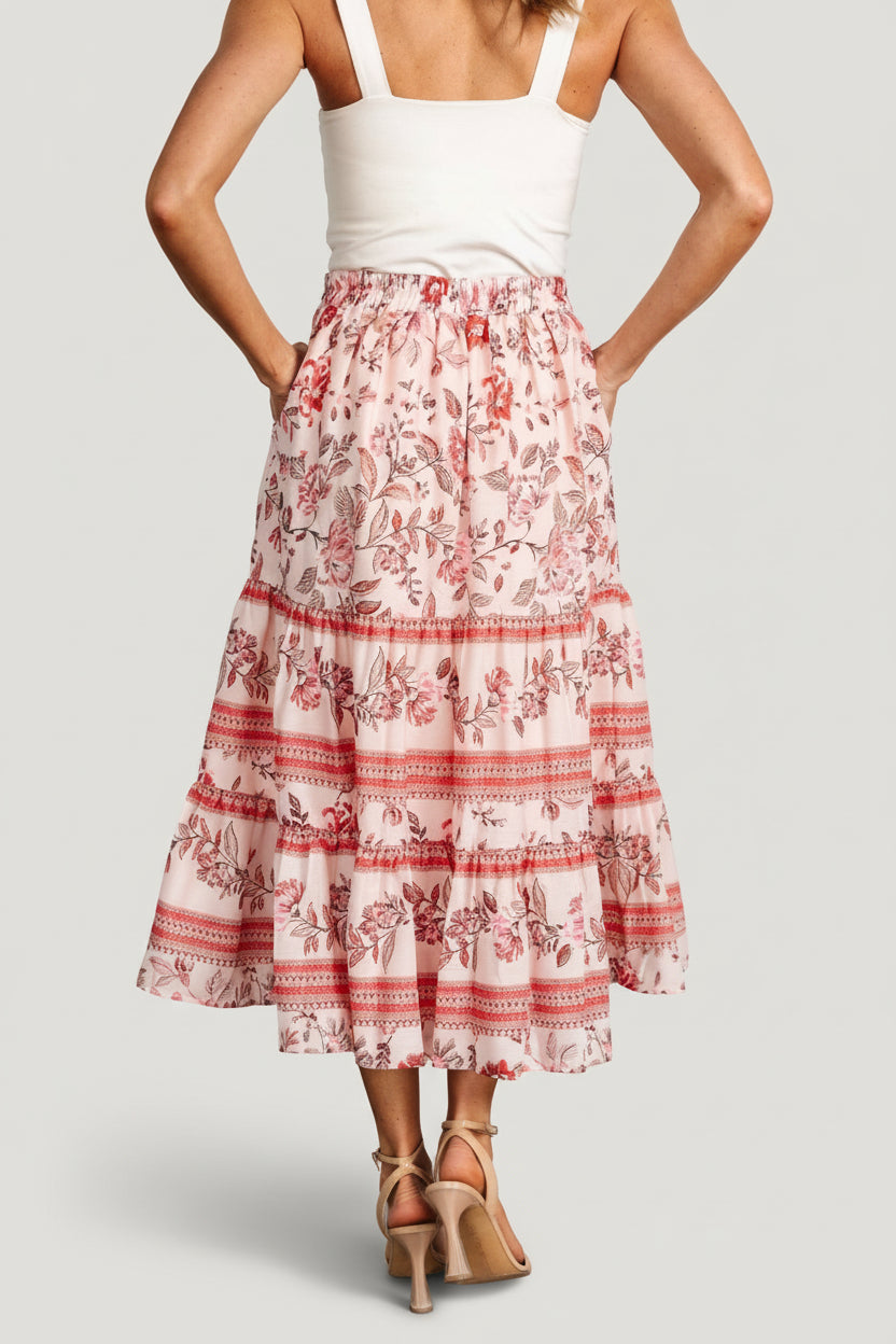 Detail shot of the Meg skirt tiers and hemline, showing chiffon-like rayon texture, ruffle edges, and partial lining above the final tier.